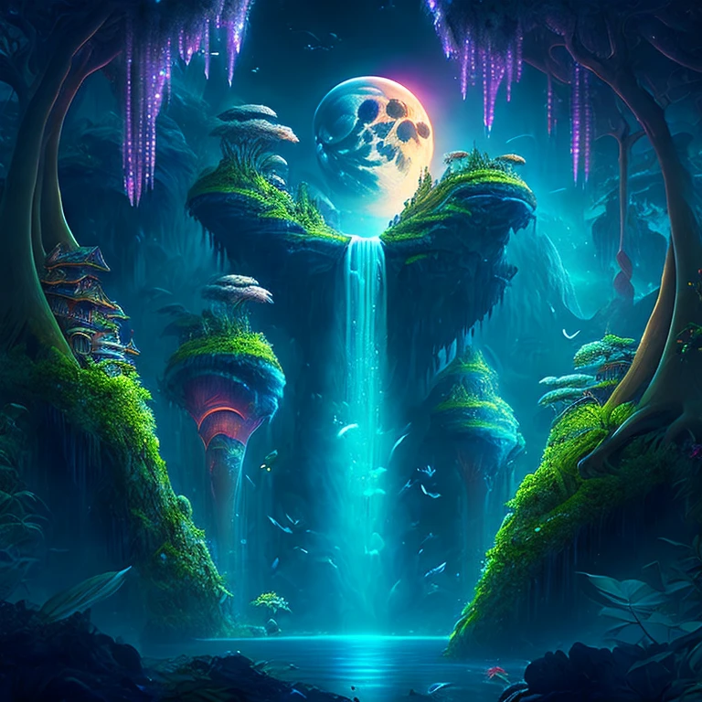 An enchanting fantasy jungle under a moonlit sky, massive floating islands covered in lush vegetation, cascading waterfalls, and illuminated creatures soaring through the night, Digital artwork