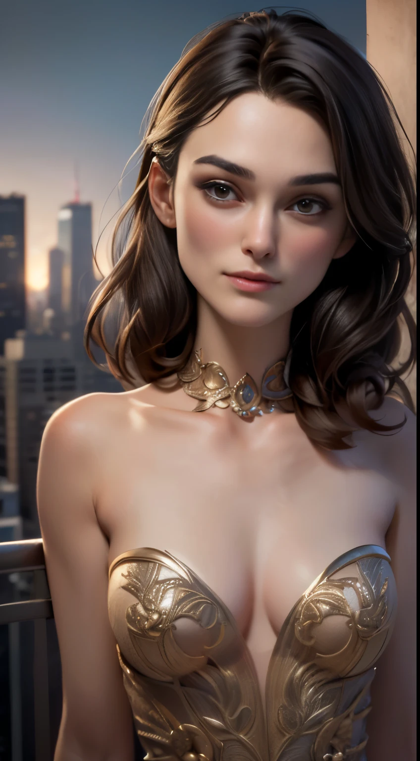 photo of Keira Knightley, RAW, beautiful woman, ((portrait)), ((detailed face:1.2)), ((detailed facial feature, detailed skin, clear skin), (perfect proportioned body, medium breasts), (wearing a strapless dress) (high detailed city environment, apartment balcony), (realistic photo, best quality, detailed), (8k wallpaper), (cinematic lighting, dramatic lighting) (sharp focus, intricate)