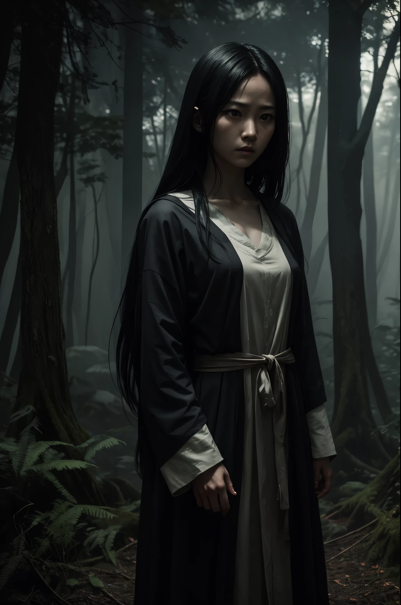 8k,超A high resolution,real looking skin,Horror movie shot of creepy girl with long straight black hair, Sadako,Super beauty(Like the real thing), Wearing a dirty hospital gown, standing in front of an old well in the forest,thirds rule, Tonal color scheme, Pale Brown, Pensive silence, Bokeh, mystery, Horror, unholy, eery, creepy, Moody lighting, In the style of Denis Villeneuve, Film Still, cinestill 800,Fantasyart,character art,eery笑み,