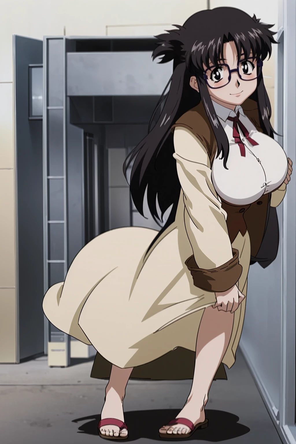 YR, 1girl, solo, , portrait, sticker blush, smile, looking at viewer, glasses, long skirt, coat, vest, ribbon, long sleeves, messy hair, fine detail, perfect quality, good quality, masterpiece, HDR, UHD full body, refsheet, flipflops, huge breast,curvy