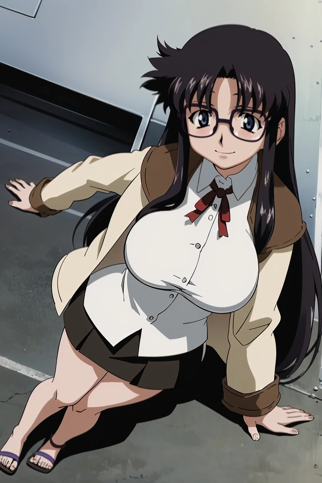 YR, 1girl, solo, , portrait, sticker blush, smile, looking at viewer, glasses, long skirt, coat, vest, ribbon, long sleeves, messy hair, fine detail, perfect quality, good quality, masterpiece, HDR, UHD full body, refsheet, flipflops, huge breast,curvy