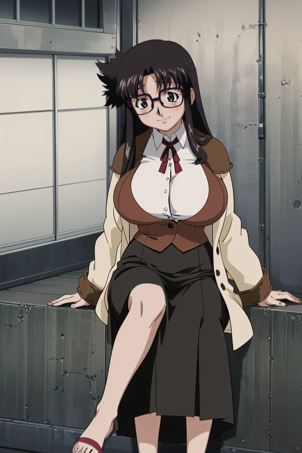 YR, 1girl, solo, , portrait, sticker blush, smile, looking at viewer, glasses, long skirt, coat, vest, ribbon, long sleeves, messy hair, fine detail, perfect quality, good quality, masterpiece, HDR, UHD full body, refsheet, flipflops, huge breast,curvy