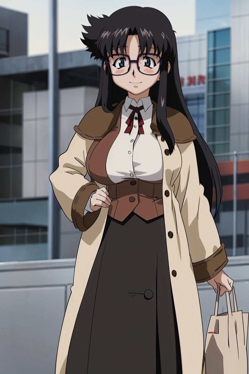 YR, 1girl, solo, , portrait, sticker blush, smile, looking at viewer, glasses, long skirt, coat, vest, ribbon, long sleeves, messy hair, fine detail, perfect quality, good quality, masterpiece, HDR, UHD full body, refsheet, flipflops, huge breast,curvy