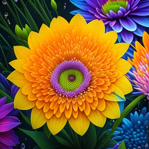 Close up of bunch of flowers with water droplets, a magical colorful flower, rich floral color, magical flowers, Vivid and rich colors, Colorful Alien Flora, colorful flower, Colorful flowers, Colorful HD Drip, Vivid and colorful, beautiful art uhd 4 k, beautiful and colorful, neon flowers, Strong and vibrant colors, colorful and vibrant, intricate vibrant colors
