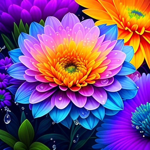 Close up of bunch of flowers with water droplets, a magical colorful flower, rich floral color, magical flowers, Vivid and rich colors, Colorful Alien Flora, colorful flower, Colorful flowers, Colorful HD Drip, Vivid and colorful, beautiful art uhd 4 k, beautiful and colorful, neon flowers, Strong and vibrant colors, colorful and vibrant, intricate vibrant colors