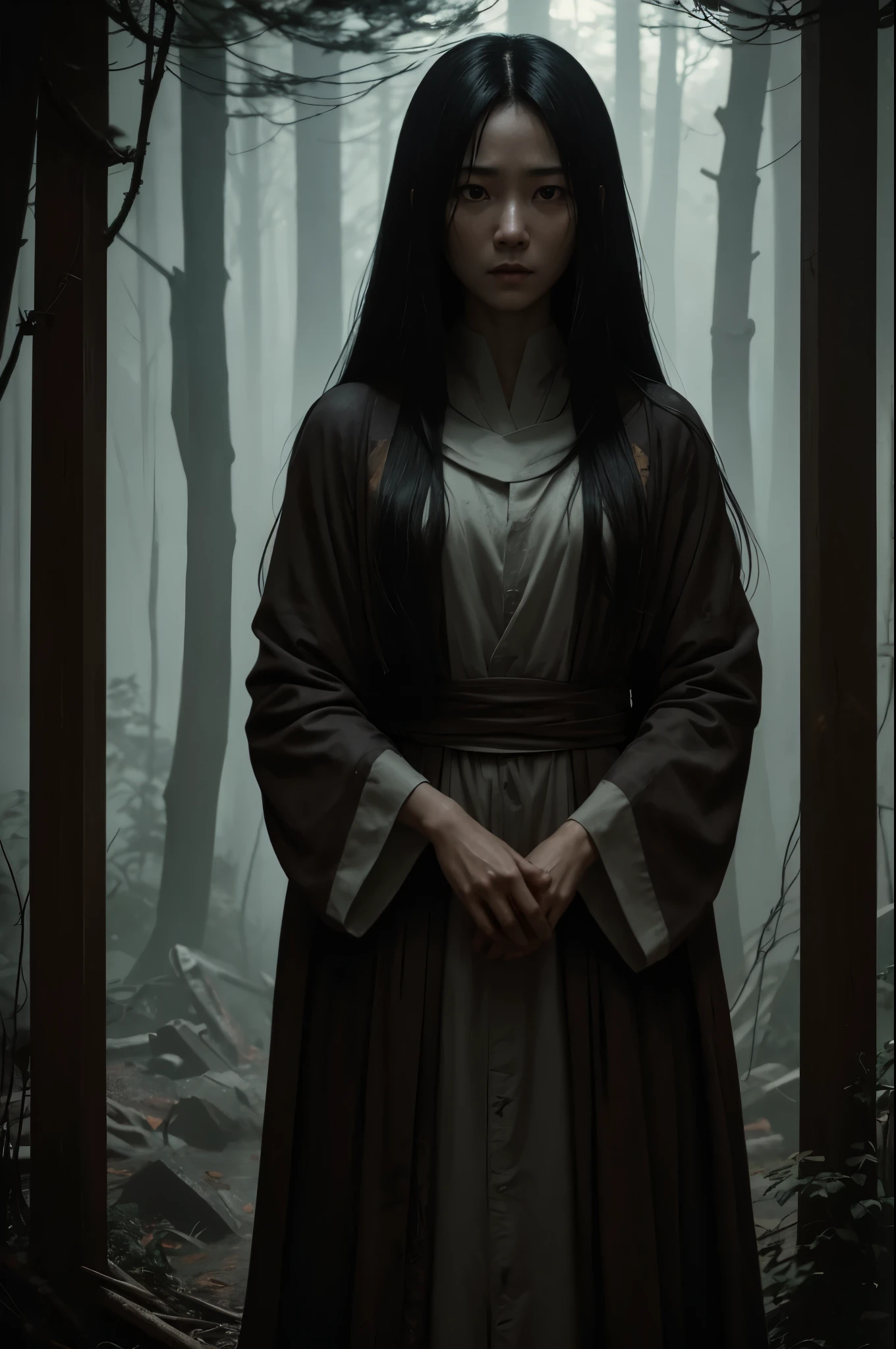 8k,超A high resolution,real looking skin,Horror movie shot of creepy girl with long straight black hair, Sadako,Super beauty(Like the real thing), Wearing a dirty hospital gown, Stand alone in the mansion at night, thirds rule, Tonal color scheme, Pale Brown, Pensive silence, Bokeh, mystery, Horror, unholy, eery, creepy, Moody lighting, In the style of Denis Villeneuve, Film Still, cinestill 800,Fantasyart,character art,