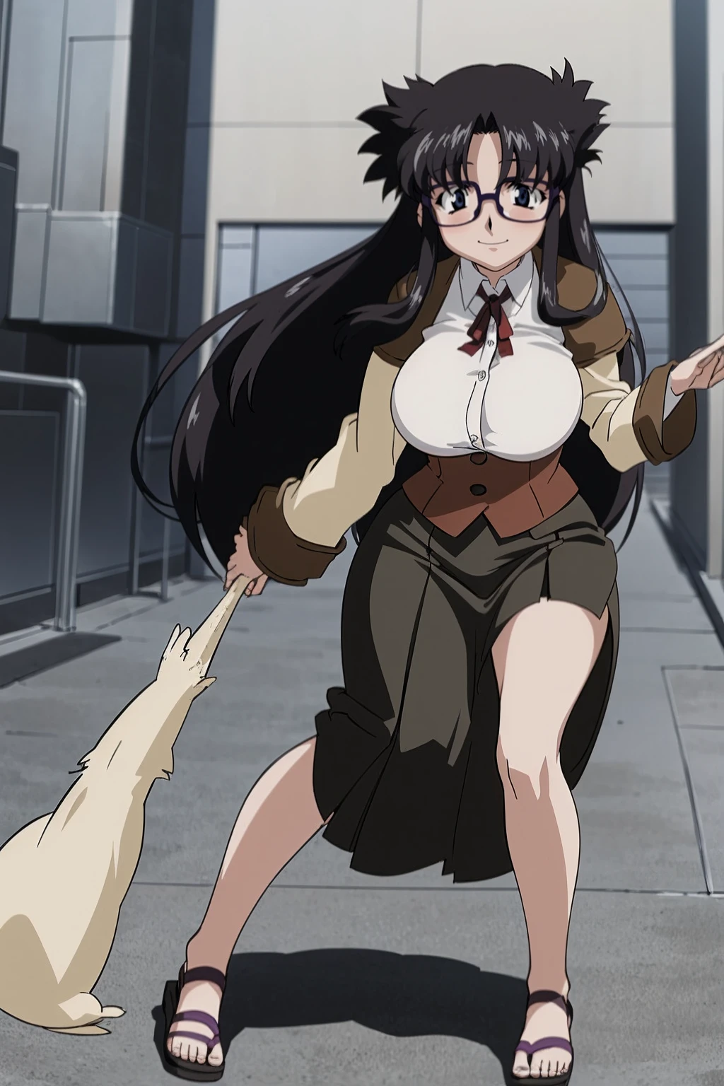 YR, 1girl, solo, , portrait, sticker blush, smile, looking at viewer, glasses, long skirt, coat, vest, ribbon, long sleeves, messy hair, fine detail, perfect quality, good quality, masterpiece, HDR, UHD full body, refsheet, flipflops, huge breast,curvy, long skirt, large skirt