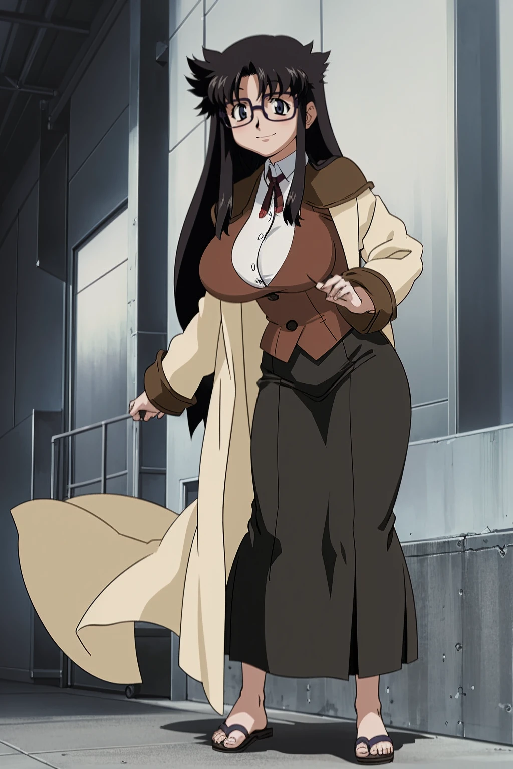 YR, 1girl, solo, , portrait, sticker blush, smile, looking at viewer, glasses, long skirt, coat, vest, ribbon, long sleeves, messy hair, fine detail, perfect quality, good quality, masterpiece, HDR, UHD full body, refsheet, flipflops, huge breast,curvy, long skirt, large skirt