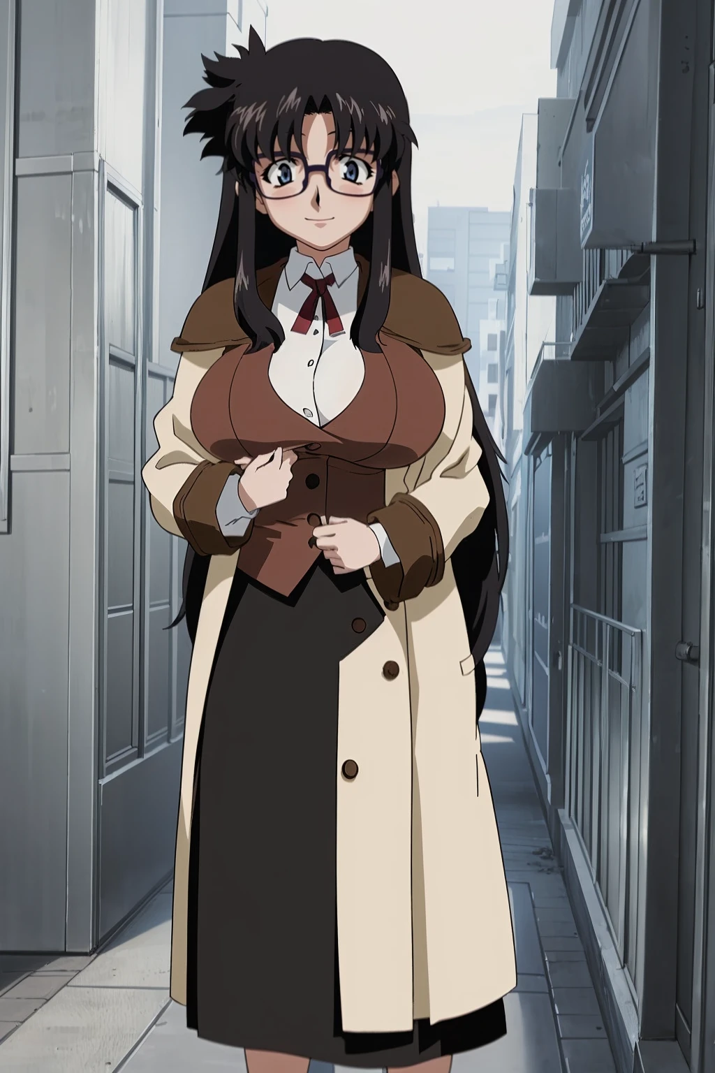 YR, 1girl, solo, , portrait, sticker blush, smile, looking at viewer, glasses, long skirt, coat, vest, ribbon, long sleeves, messy hair, fine detail, perfect quality, good quality, masterpiece, HDR, UHD full body, refsheet, flipflops, huge breast,curvy, long skirt, large skirt