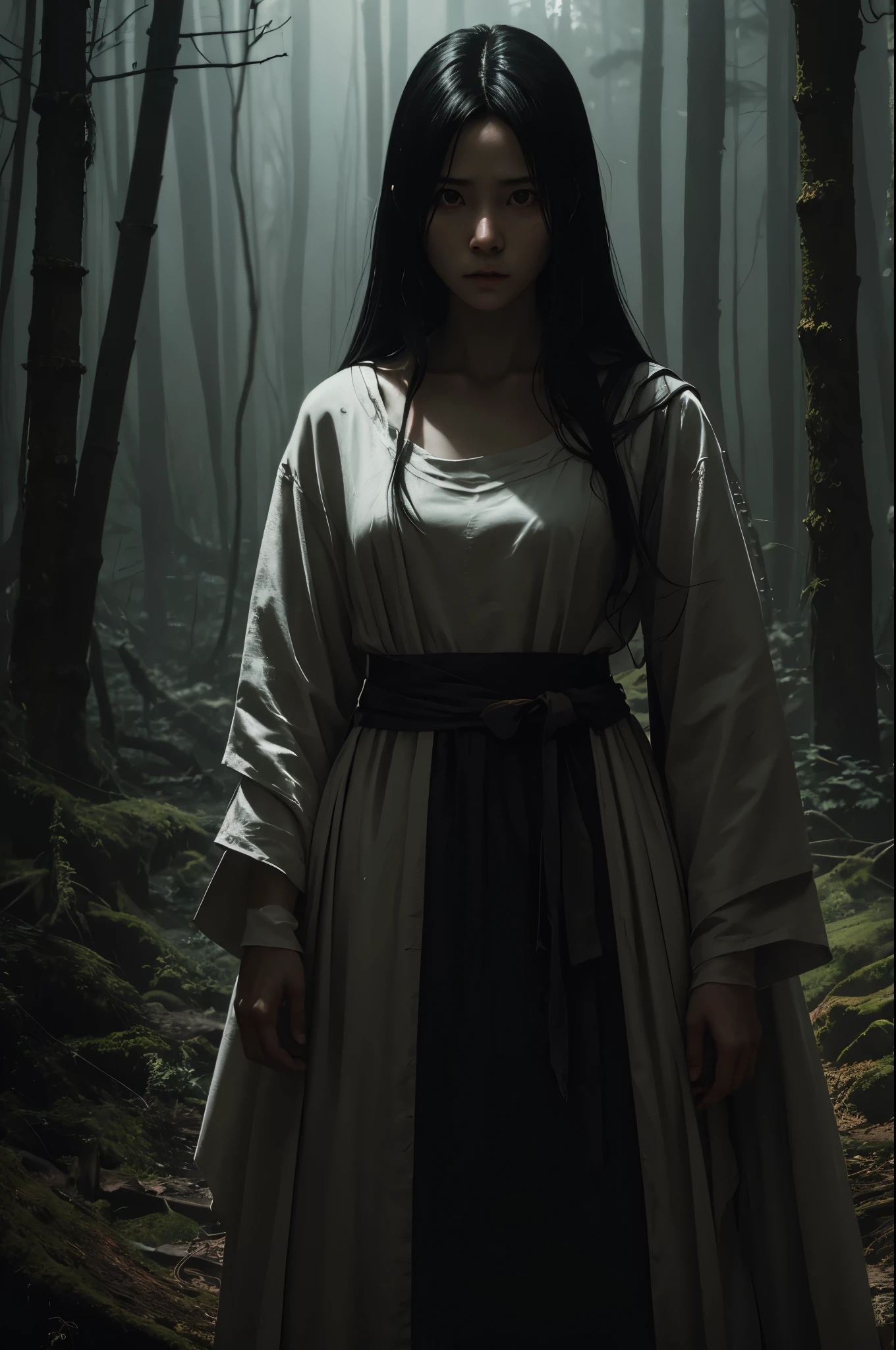 8k,超A high resolution,real looking skin,Horror movie shot of creepy girl with long straight black hair, Sadako,Super beauty(Like the real thing), Wearing a dirty hospital gown, Stand alone in the mansion at night, thirds rule, Tonal color scheme, Pale Brown, Pensive silence, Bokeh, mystery, Horror, unholy, eery, creepy, Moody lighting, In the style of Denis Villeneuve, Film Still, cinestill 800,Fantasyart,character art,