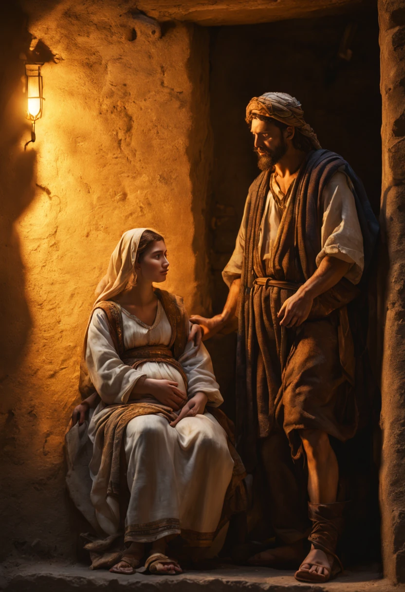 an extremely realistic image of Joseph and a pregnant Mary,  Joseph is knocking on the door of an inn, Mary is riding on a  donkey , she is pregnant, crepuscular lighting from sun set, (Rembrandt Lighting), zeiss lens, ultra realistic, (high detailed skin:1.2), 8k uhd, dslr, Dramatic Rim light, high quality, Fujifilm XT3