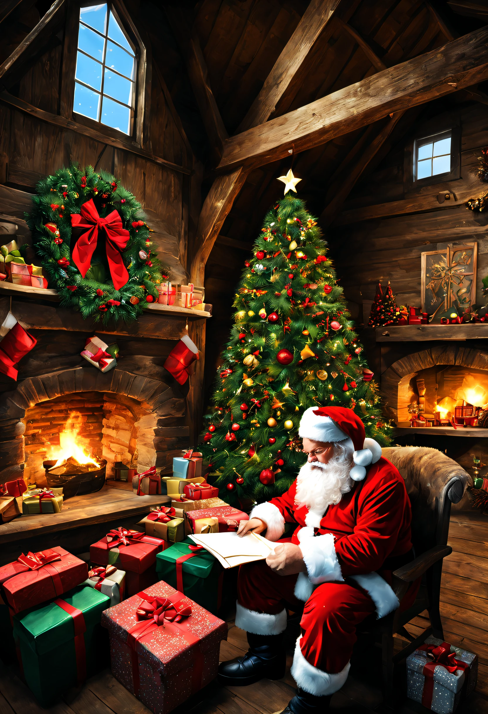 In a European style house,Santa Claus is looking at the gift list,Christmas Tree Gift Decoration, santa, cada,Robin,Christmas elements,European style,The flat is full of Christmas gifts,Very high resolution, traditional art, Studio Santa Claus, ultrahigh resolution, illustration, Christmas Night, extremely high resolution, Santa Claus in a rural barn, Hyper Realisitc,exquisite、best quality、ultra detailed、colorful