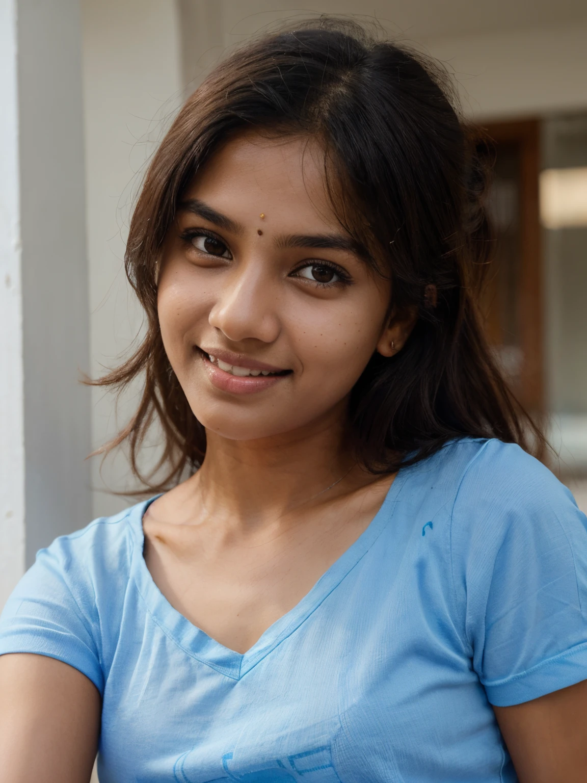 1 cute confident young indian girl taking a closeup selfie holding a blank right under her face, candid photo, height 160 centimetres, petite build, fair skin, average hair length of 60 centimetres, photorealistic, detailed eyes, highly detailed, 8k, messy bun hair, naughty smile, wearing a blue top