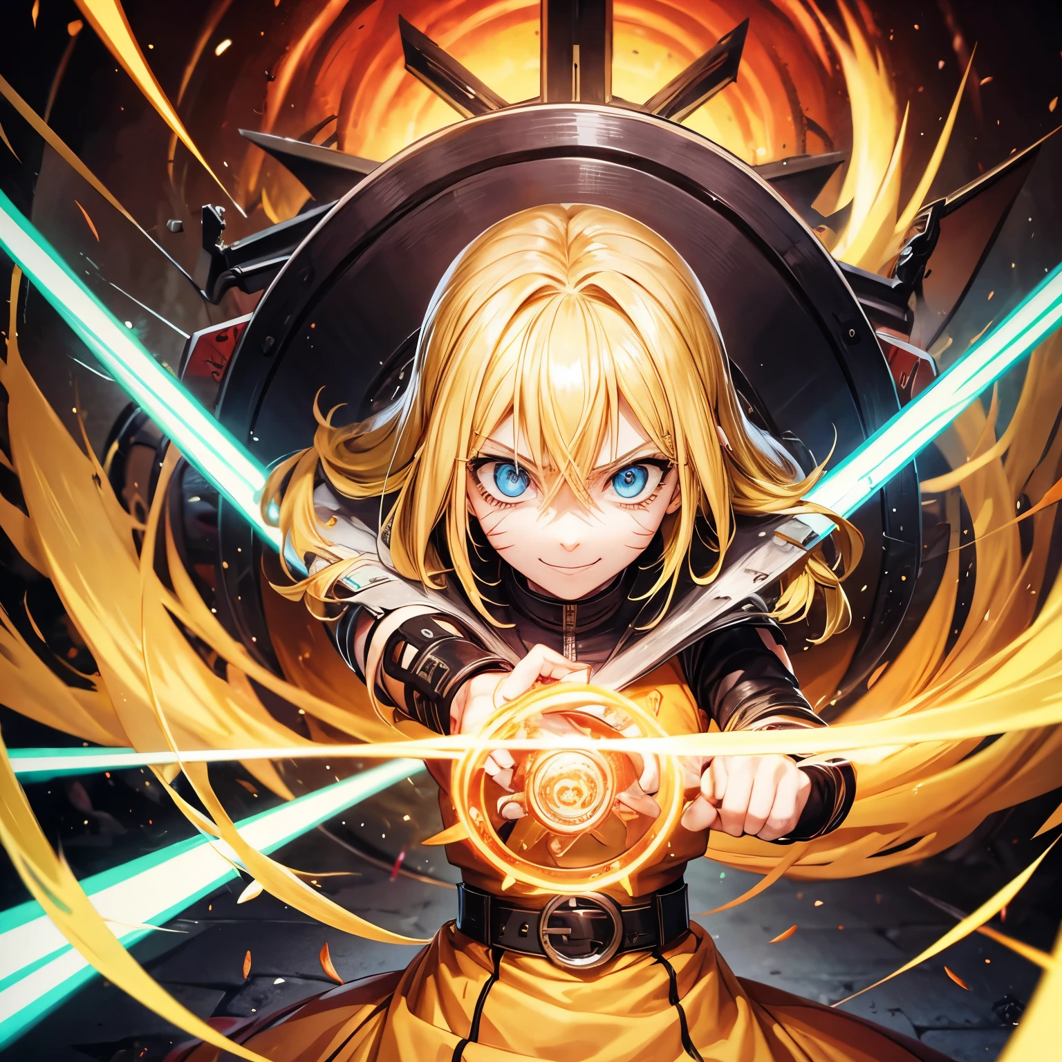 Smile, Blood_Skelter, Bright eyes, 1boy, uzumaki naruto, Blonde hair, Yellow clothes, Fighting, Fighting, Battle Damage, Solo, Torn clothes, Straight look, Very detailed, Anime, hard disk, masutepiece, Drawing, 8K, Professional, Symmetrical, (Detailed eyes, Iris of the eye:0.5), (looking in camera:0.8), Blue eyes, Yellow hair, sparks, Rays