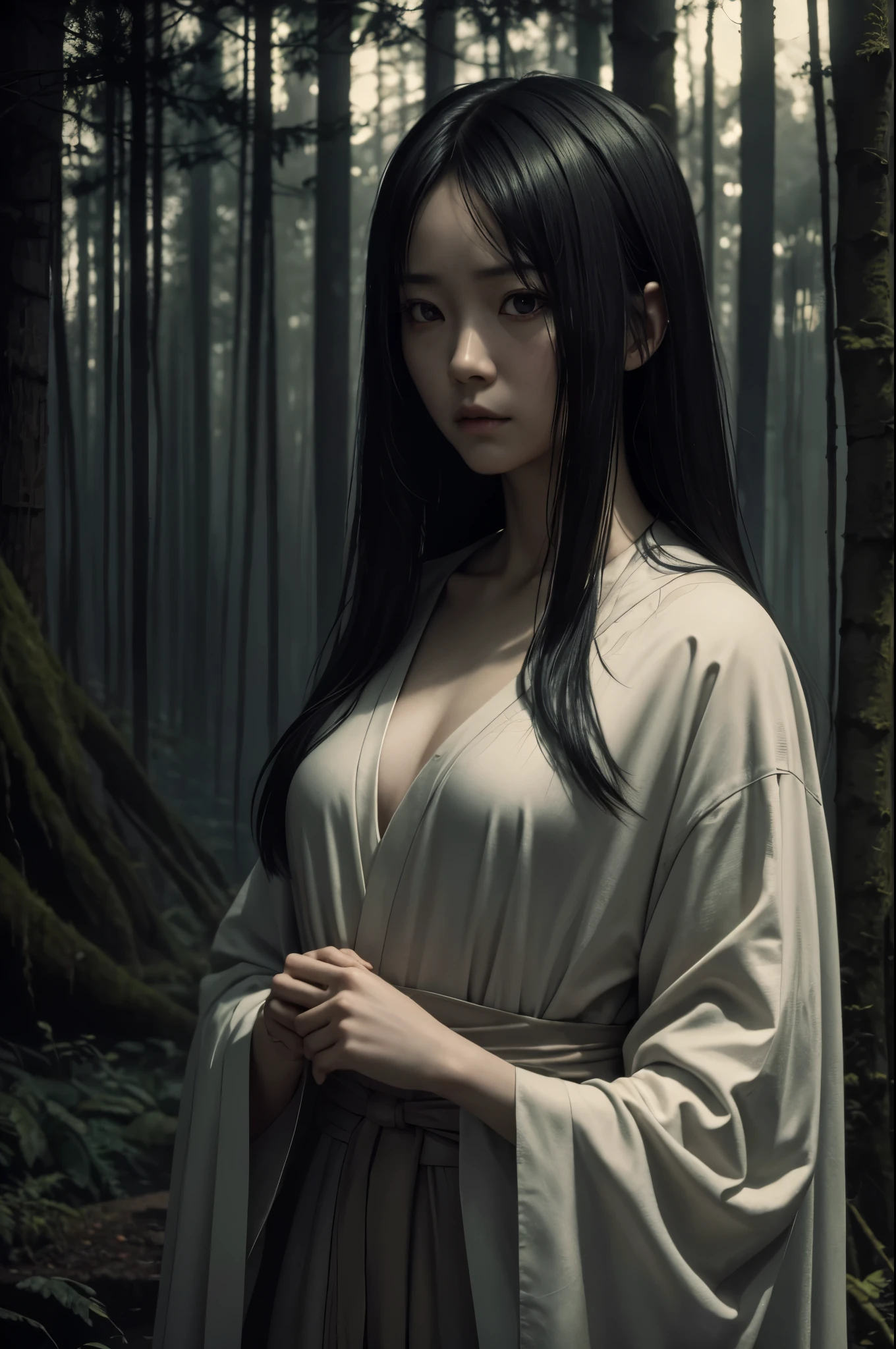 8k,超A high resolution,real looking skin,Horror movie shot of creepy girl with long straight black hair, Sadako,Super beauty(Like the real thing), Wearing a dirty hospital gown, Stand alone in the mansion at night, thirds rule, Tonal color scheme, Pale Brown, Pensive silence, Bokeh, mystery, Horror, unholy, eery, creepy, Moody lighting, In the style of Denis Villeneuve, Film Still, cinestill 800,Fantasyart,character art,