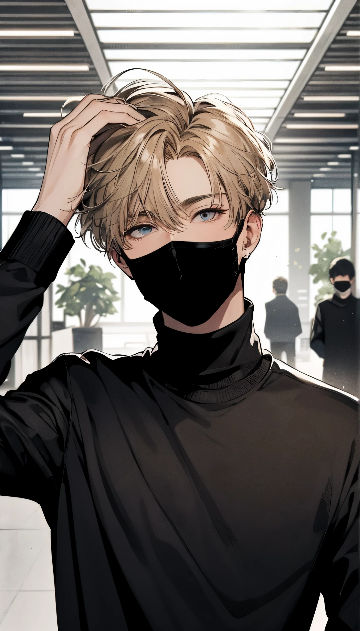 a handsome young man with blonde hair is featured. He’s wearing a black turtleneck and a black mask covering the lower half of his face. With one hand, he is sweeping his hair back. The background suggests a public space.high quality, amount of drawing, pixiv illustration