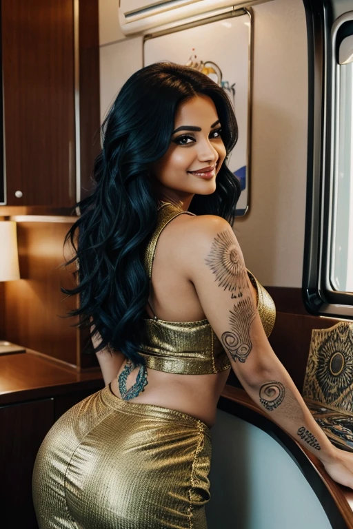 indian female in her late 20s, mature and married, with a nose ring, and a tattoo of peacock feather on her back. sultry hourglass figure of 34DD, 28, 36, in an air hostess suit, looking at us and smiling appreciating her body's beauty, as she is happy. comic style look inspired by the valorant art style