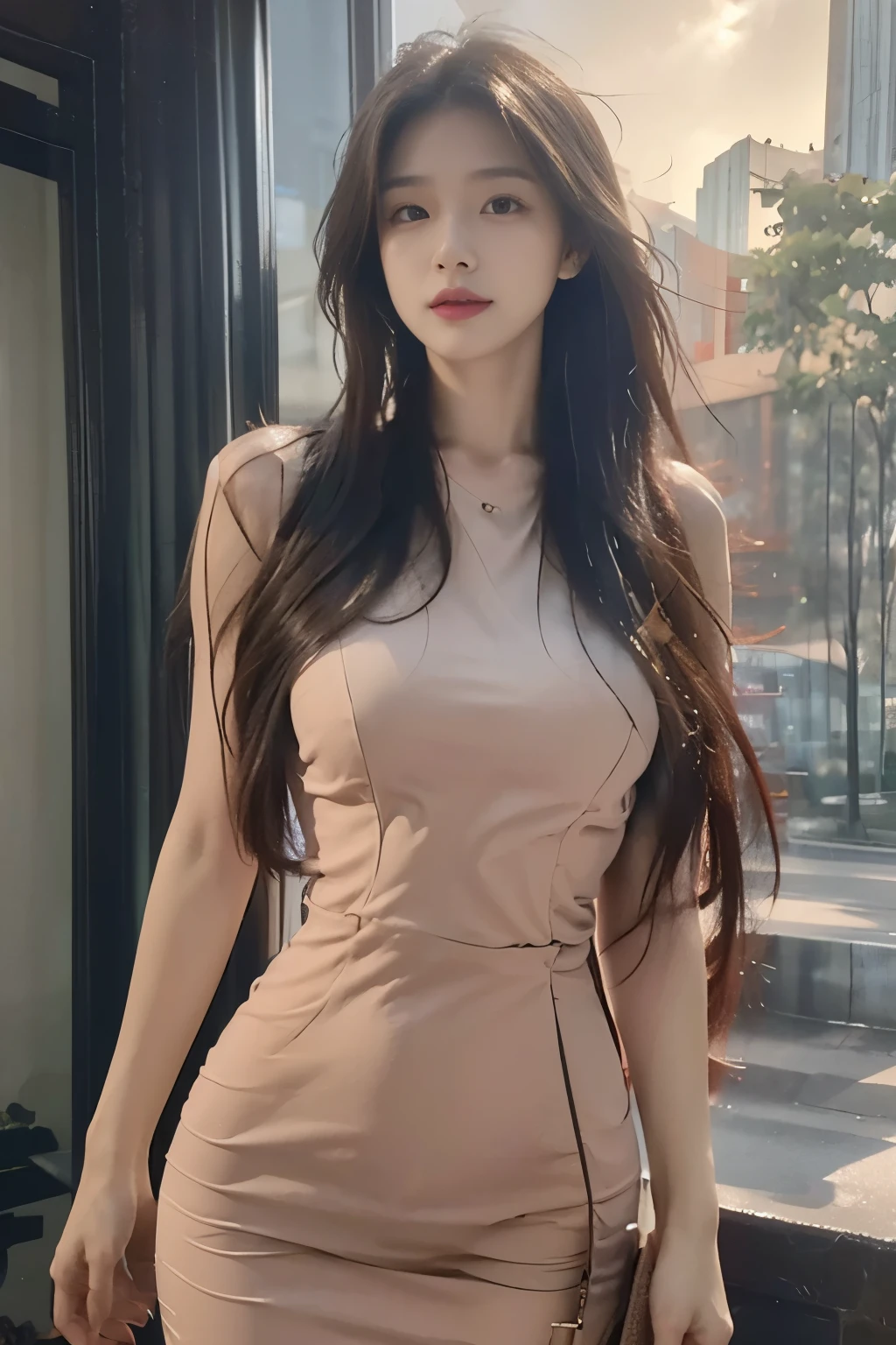 Best quality at best, Full body like,delicated face,Nice face,25-year-old female,slimfigure,Smaller bust,Slim dress,roadside exterior,Long gray hair