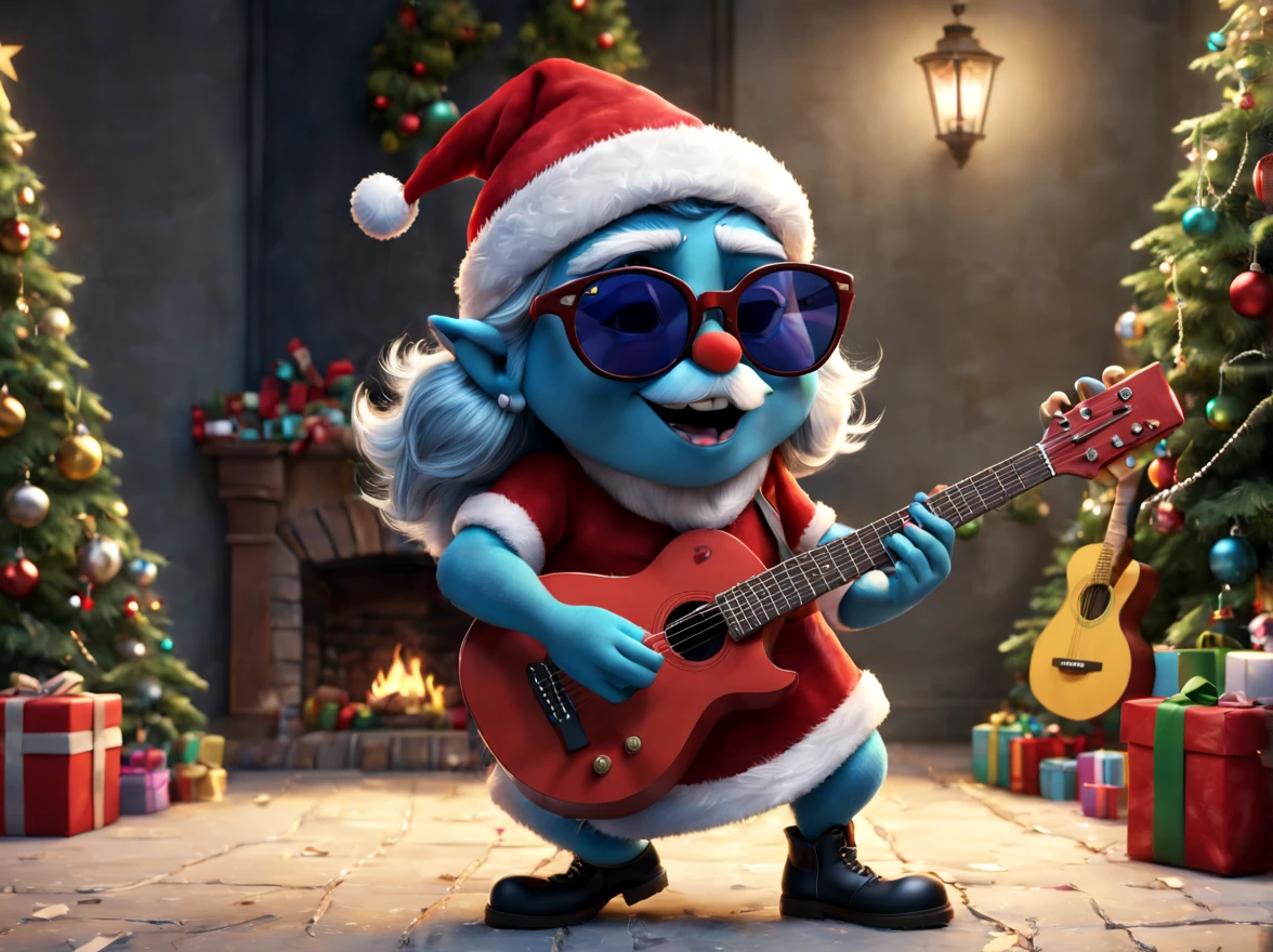 An illustration, Pieza maestra, Renderizado 3D realista, Estilo Disney Pixar, uma pedra Papai Noel aparece, tocar la guitarra, wearing sunglasses and with her unique look that combines the magic of Christmas with the rebellious style of rock. 8k UHD. kinematics
