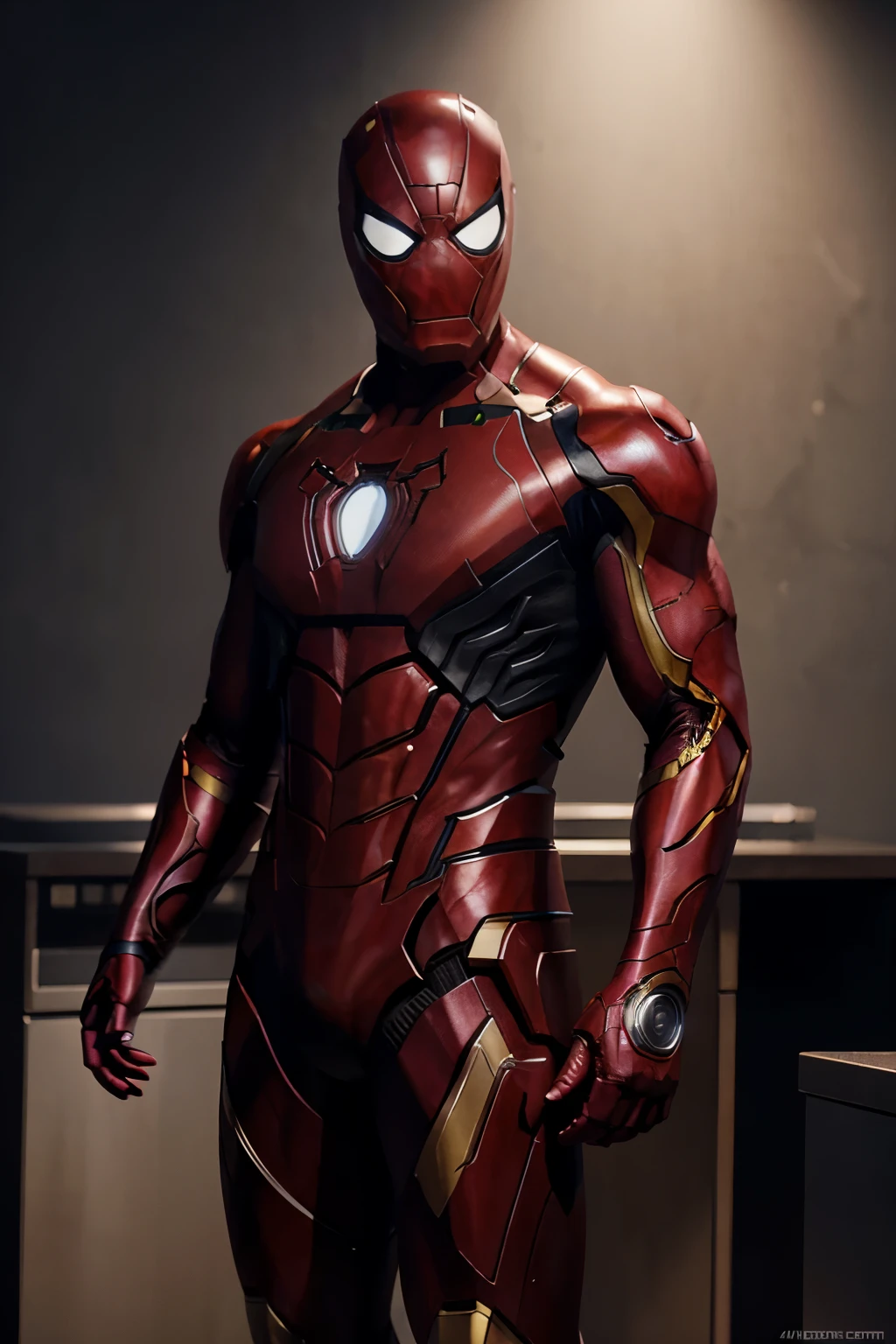 spider man, iron man, illustration, high detailed, 4k, smooth background, camera focus, muscular, no face, concept art