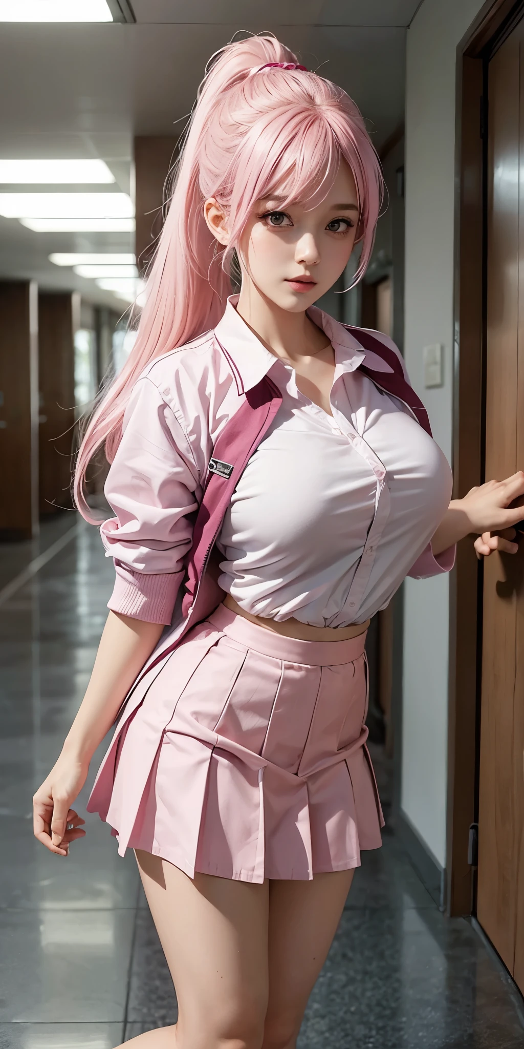 1girl,huge breast, pink hair, half ponytail,bang, school uniform,school hallway ,high quality, ultra detailed, masterpiece, realistic