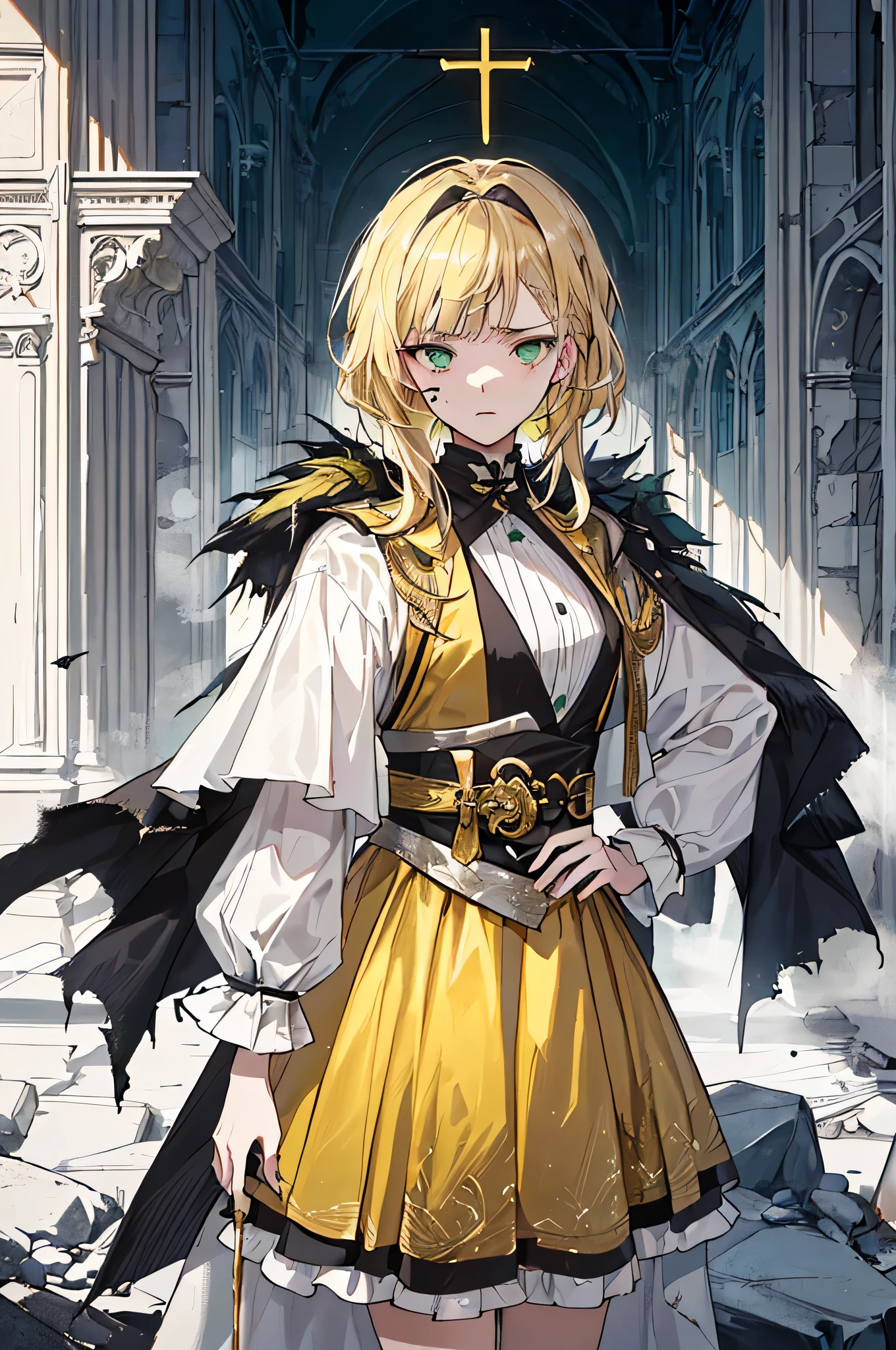 ((((Dramatic)))、(((grittiness)))、(((vehement))),Dressed in costume、He had a determined look on his face..。Bright green eyes，Blonde hair,holy costume,((1 girl)),holy,