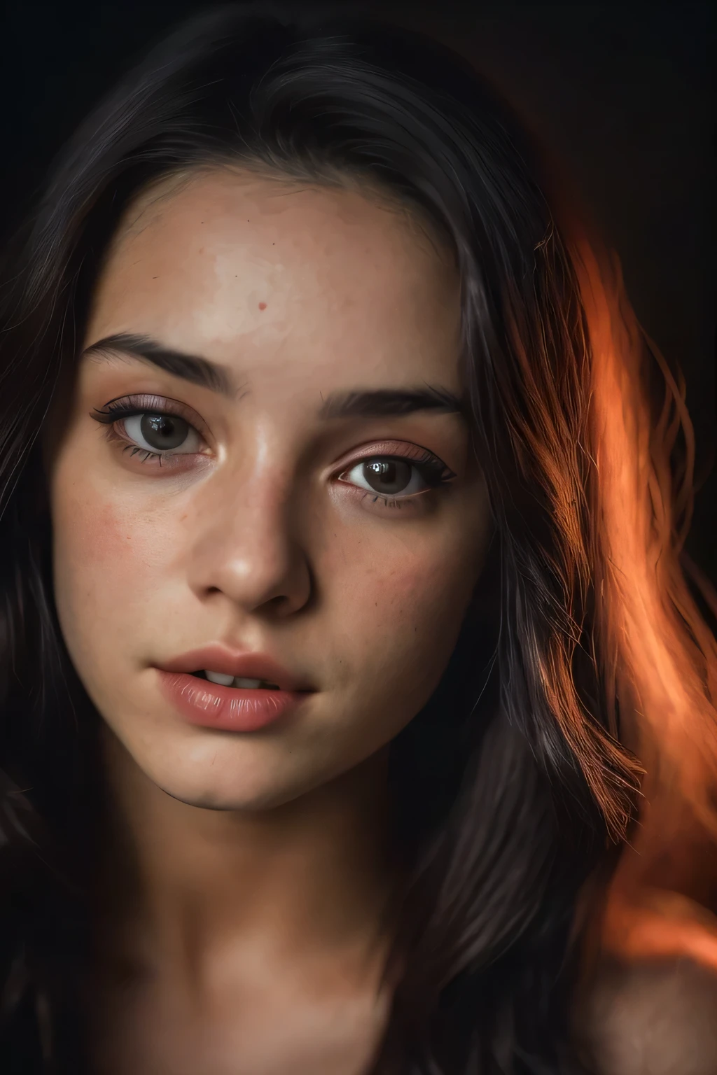 (Close-up, fotografia editorial de uma mulher de 21 anos), (Rosto altamente detalhado:1.4) (sorrir:0.7) (fundo dentro escuro, Moody, estudo privado:1.ov, Directed by: Lee Jeffries, Nikon D850 |, filme fotografia de stock ,4 Kodak Portra 400 ,camera f1.6 lentes ,cores ricas ,hyper realistic ,textura realista, dramatic lighting , cinestill 800,