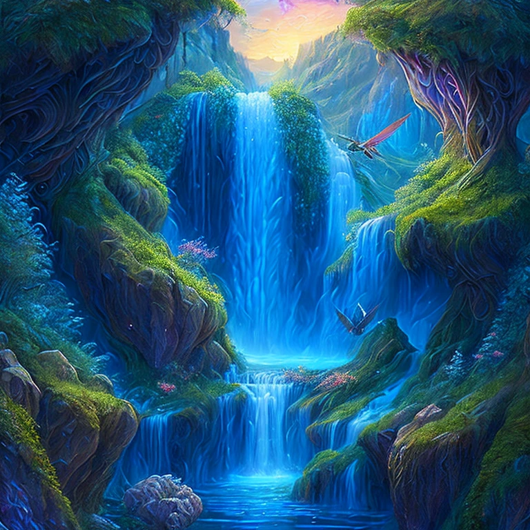 a painting of a waterfall with a waterfall in the middle, detailed fantasy digital art, magic fantasy highly detailed, highly detailed fantasy art, beautiful detailed fantasy, magical environment, magical background, magical landscape, intricate fantasy painting, detailed fantasy art, detailed dreamscape, fantasy highly detailed, detailed fantasy illustration, 4k highly detailed digital art, beautiful fantasy painting, magical fantasy forest