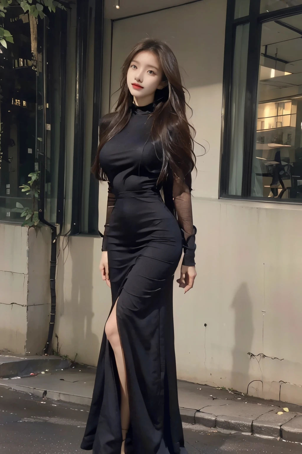 Best quality, Full body like,delicated face,Nice face,25 year old female,Slim figure,Smaller bust,Slim dress,roadside exterior,Long gray hair