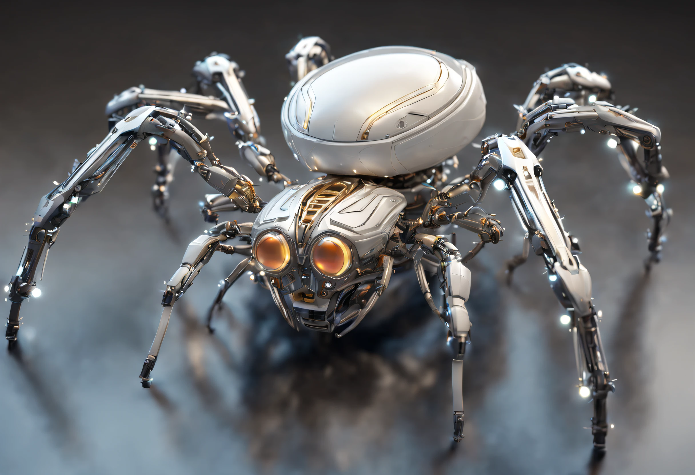 Stunning and futuristic white metallic robotic spider with big glowing eyes, and chelicerae.a aranha tem um elegante, carroceria brilhante, aerodynamic design, with intrincado details and texture visible on its body, the bottom is filled with small, luzes cintilantes, creating a sense of movement and dynamism around the bee, perfect features, Cyberpunk, Complex 3D Rendering, Motor irreal, arte digital, altamente detalhado, intrincado, foco nítido, na sede da artstation, Motor irreal 5, Imagem UHD, HDR,8k