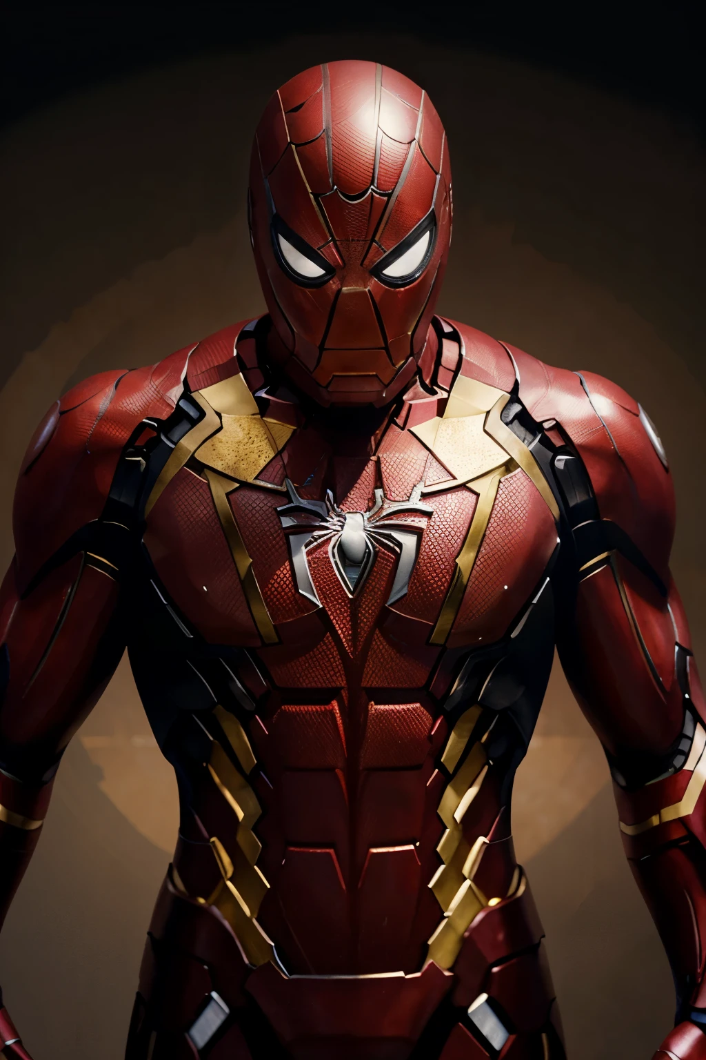 spider man, iron man, illustration, high detailed, 4k, smooth background, camera focus, muscular, no face, concept art, character only black and gold color