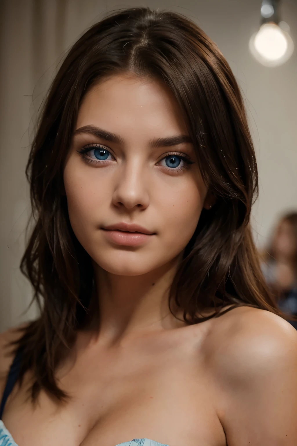 realistic portrait of a 23-year-old  brunette with piercing blue eyes, shot on a Sony A7R3 f1.8, high quality, realistic, detailed eyes, professional lighting, natural colors, detailed hair, stunning beauty