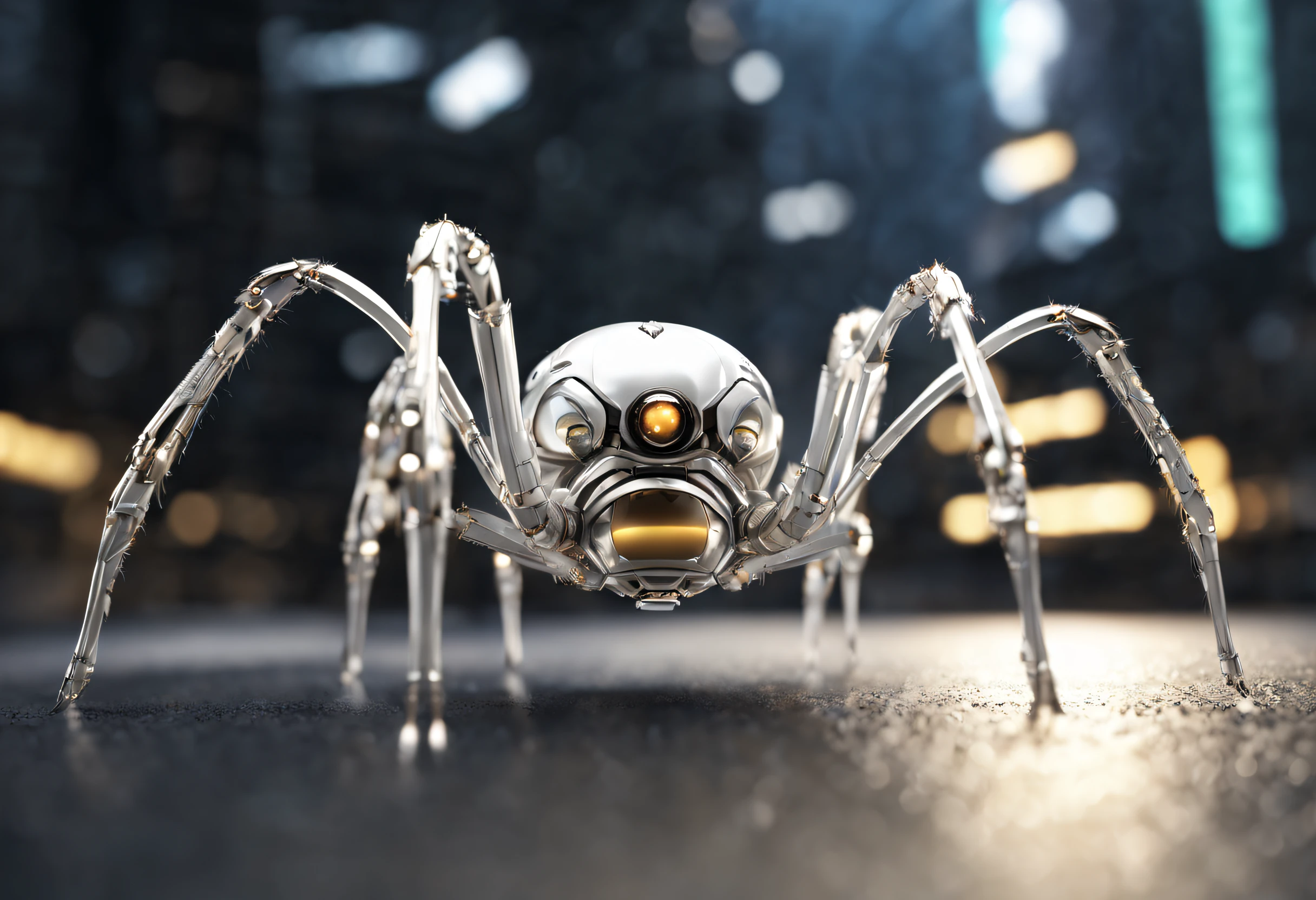 Stunning and futuristic white metallic robotic spider with big glowing eyes, and chelicerae.a aranha tem um elegante, carroceria brilhante, aerodynamic design, with intrincado details and texture visible on its body, the bottom is filled with small, luzes cintilantes, creating a sense of movement and dynamism around the bee, perfect features, Cyberpunk, Complex 3D Rendering, Motor irreal, arte digital, altamente detalhado, intrincado, foco nítido, na sede da artstation, Motor irreal 5, Imagem UHD, HDR,8k