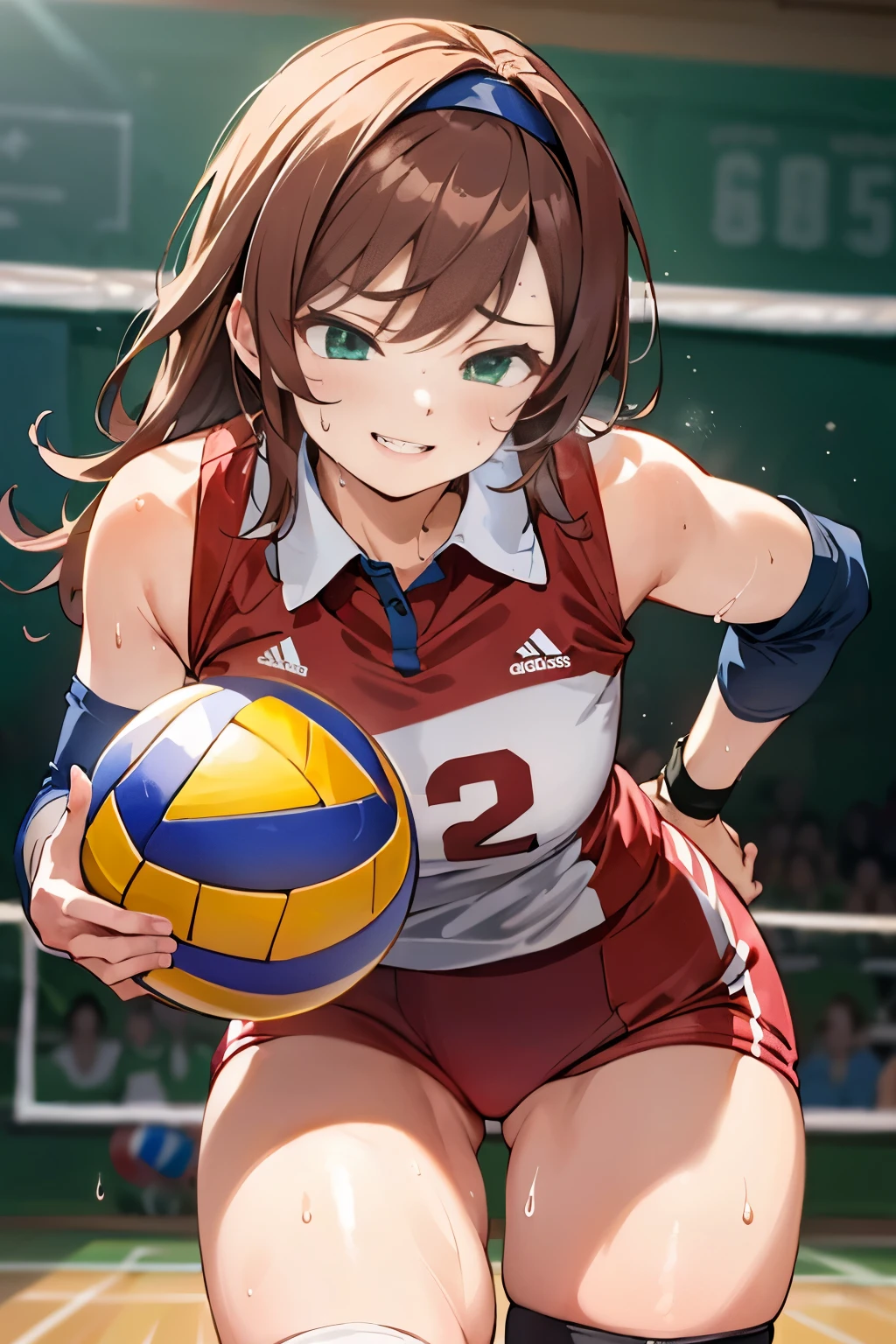 unity 8k wallpaper, anatomically correct,  (((masterpiece))), (((best quality))), (((ultra detailed))), (((high-resolution))), ((super fine illustration)), ((Ultimate cutie)), ((detailed beautiful face)), ((perfect hands)), ((perfect finger)), (((good anatomy))), Solo, One girl, , (potbelly), (Curve), medium breasts, ((thick thighs)), Shiny hair, ((evil smile)), (smirk), (blush)), BREAK, Adidas, (((Buruma))), (Sleeveless collared Volleyball Uniforms), head band, ((wristbands)), ((Kneepads)), BREAK, ((Hold a white beautiful spherical 6-inch volleyball with both hands)), [leaning forward],  ((Sweat)), (perspired), (Heavy breathing), in gymnasium, in volleyball court, depth of field, strong light, ((Looking down)), cowboy shot
