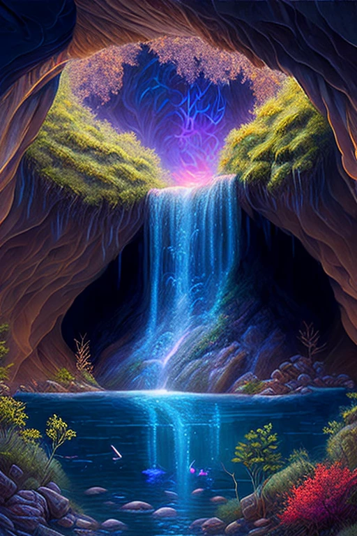 a painting of a cave with a waterfall in the middle, detailed fantasy digital art, magic fantasy highly detailed, highly detailed fantasy art, beautiful detailed fantasy, magical environment, magical background, magical landscape, intricate fantasy painting, detailed fantasy art, detailed dreamscape, fantasy highly detailed, detailed fantasy illustration, 4k highly detailed digital art, beautiful fantasy painting, magical fantasy forest