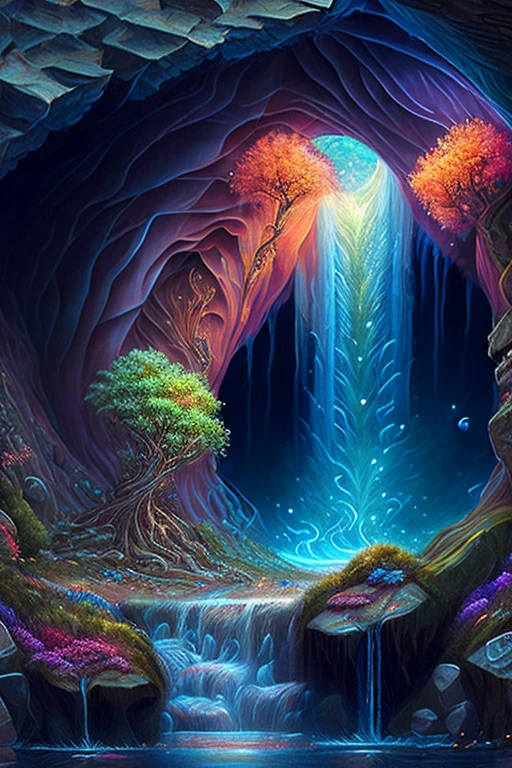 a painting of a cave with a waterfall in the middle, detailed fantasy digital art, magic fantasy highly detailed, highly detailed fantasy art, beautiful detailed fantasy, magical environment, magical background, magical landscape, intricate fantasy painting, detailed fantasy art, detailed dreamscape, fantasy highly detailed, detailed fantasy illustration, 4k highly detailed digital art, beautiful fantasy painting, magical fantasy forest