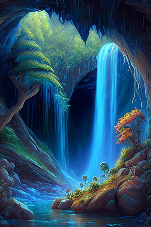 a painting of a cave with a waterfall in the middle, detailed fantasy digital art, magic fantasy highly detailed, highly detailed fantasy art, beautiful detailed fantasy, magical environment, magical background, magical landscape, intricate fantasy painting, detailed fantasy art, detailed dreamscape, fantasy highly detailed, detailed fantasy illustration, 4k highly detailed digital art, beautiful fantasy painting, magical fantasy forest