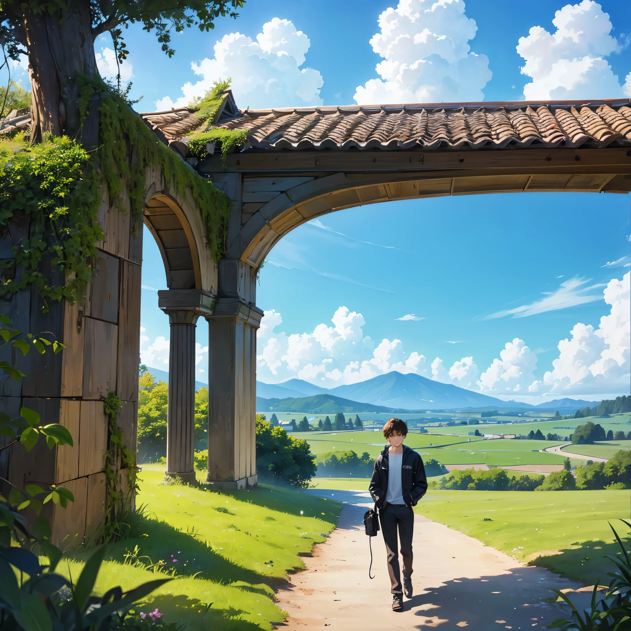 (best quality, 8k, highres, masterpiece:1.2), ultra-detailed, (realistic, photorealistic, photo-realistic:1.37), full-length image, anime style, mesmerized, 22-year-old boy wearing headphones, listening to music, half-lying, heavenly landscape, detailed sky and clouds, vibrant colors, immersive scene, intricate details, velvet green grass, gentle breeze, ethereal atmosphere, captivating scenery