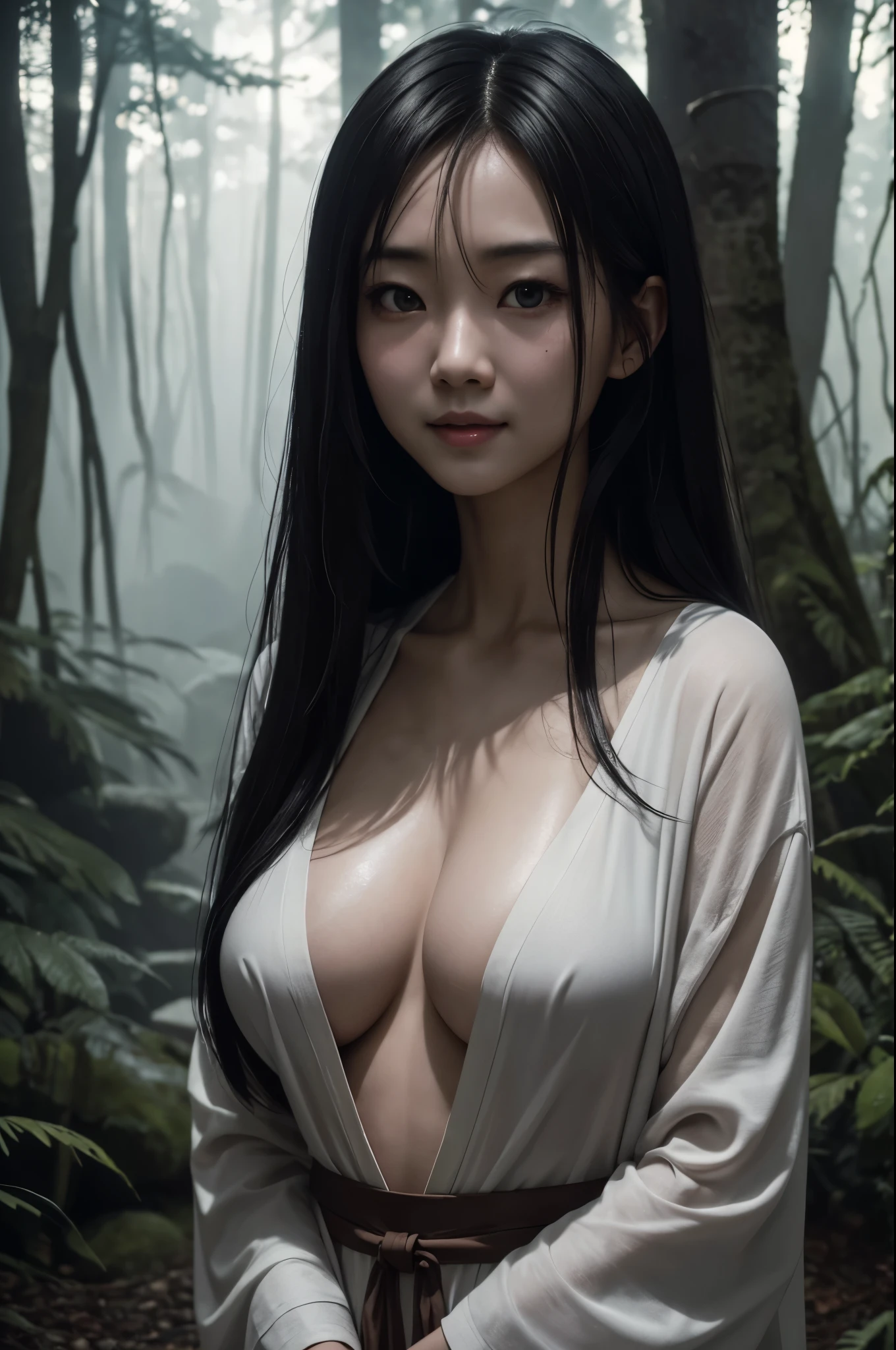 8k,超A high resolution,real looking skin,Horror movie shot of 気味悪い girl with long straight black hair, Sadako,Super beauty(Like the real thing), Wearing a dirty hospital gown, standing in front of an old well in the forest,thirds rule, Tonal color scheme, Pale Brown,堵嘴, Bokeh, mystery, Horror, In the style of Denis Villeneuve, Film Still, cinestill 800,Fantasyart,character art,a smile,very large breast,A sexy,enticing,Look at viewers,