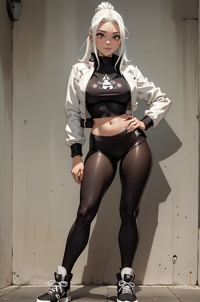 beautiful young warrior with bunny ears on her head, com rosto bem detalhado e bonito, belos olhos, belos olhos, rosto lindo, mulher jovem e bonita vestindo leggings longas com detalhes pretos, , usando jaqueta de aviador couro preta, Standing in a castle, usando bota preta, cabelo comprido branco, ,orelhas de coelho, belo sorriso, Tomboy, um pouco musculoso,suter branco com cinta em volta, olhar serio,usando jaqueta de couro , leather jacket,usando tenis all star