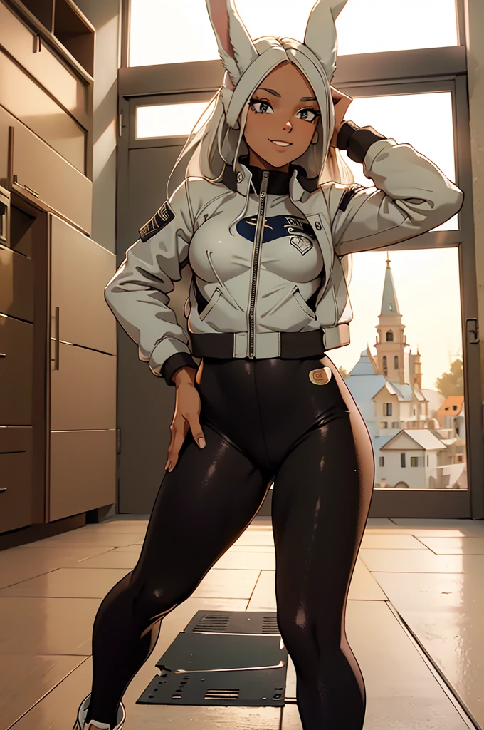 beautiful young warrior with bunny ears on her head, com rosto bem detalhado e bonito, belos olhos, belos olhos, rosto lindo, mulher jovem e bonita vestindo leggings longas com detalhes pretos, , usando jaqueta de aviador couro preta, Standing in a castle, usando bota preta, cabelo comprido branco, ,orelhas de coelho, belo sorriso, Tomboy, um pouco musculoso,suter branco com cinta em volta, olhar serio,usando jaqueta de couro , leather jacket,usando tenis all star