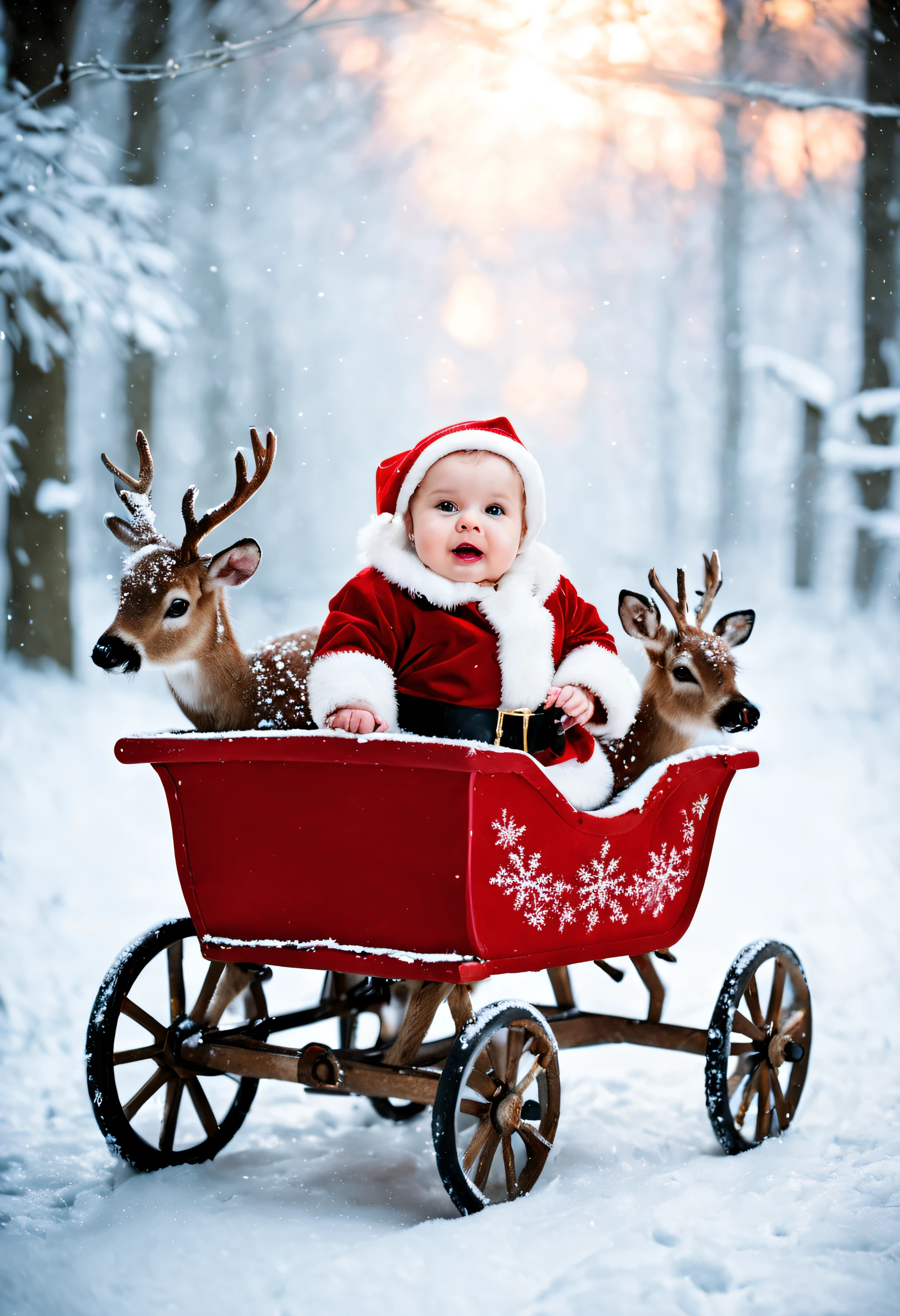 Cute baby charismas Santa in Snow Cart and Deers, immersed in a snowy fantasy. The baby Santa, wrapped in a festive red suit, beams with delight amid a serene snowy landscape. The snow cart, pulled by majestic deers, glides gracefully through the winter scene. The air is filled with a sense of wonder and joy, enhanced by the soft glow of twinkling lights. The baby's chubby cheeks and twinkling eyes exude pure innocence, capturing the essence of childhood magic. Photographed by Ellen von Unwerth, using a Canon EOS-1D X Mark III with a 50mm lens, the lighting is a blend of natural light and ethereal snow reflections, creating a dreamy and whimsical ambiance. --v 5 --q 2