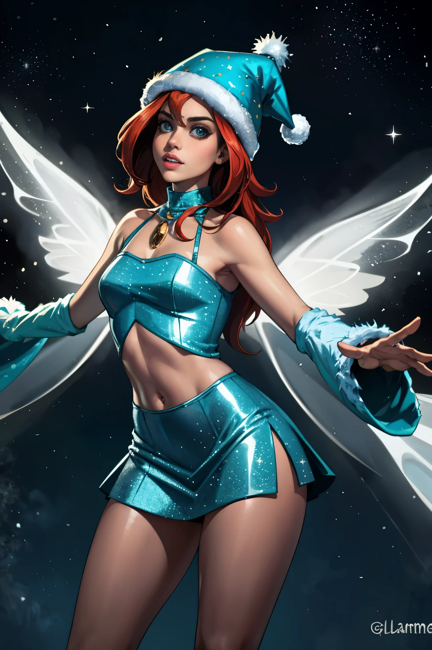 (florecer), (cabello naranja, ojos azules, flequillo, traje largo y peludo), (christmas croptop, sin mangas, christmas skirt , Ropa brillante, Alas de hadas, tiara),(realista:1.2), (Obra maestra:1.2), (Tiro de cuerpo completo:1),(Cowboy-shot:1.2), Neon lighting, Dark romantic lighting, (Altamente detallado:1.2),(Cara detallada:1.2), (Gradientes), De color, ojos detallados, (Paisaje detallado), (dynamic pose:1.2), (solamente, una persona, 1girl:1.5), cuerpo completo , grandes tetas, gran trasero, voluptuoso, piernas abiertas , pose sexy , escote , Christmas hat , Christmas Clothes, nieve , christmas lingerie, christmas coat , christmas stockings , christmas heels
