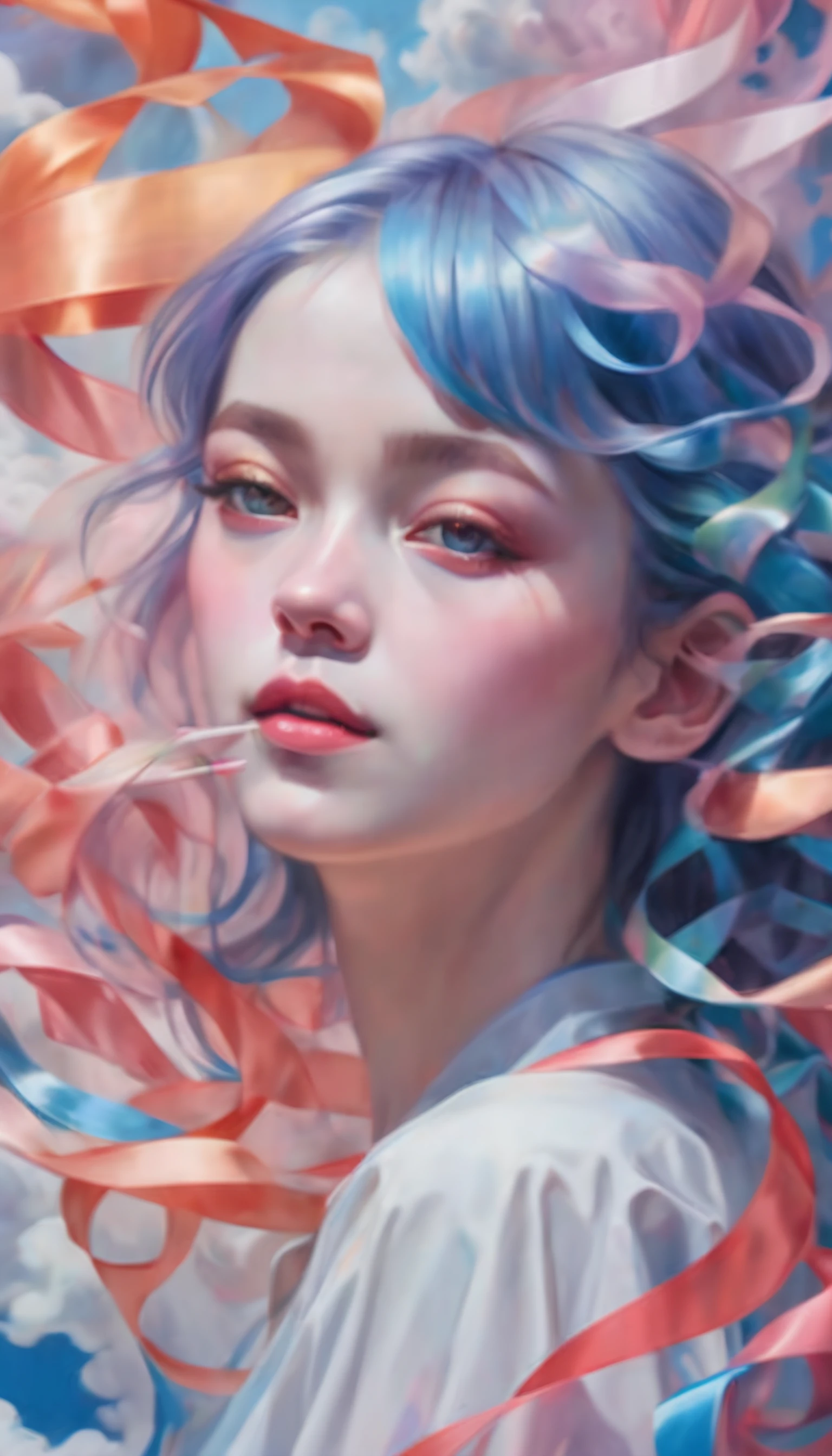 _james jean, floating female figure made of ribbons, smoke, in the sky, colorful and vibrant, mystical colors, contemporary impressionism, yanjun cheng portrait painting, iridescent painting, 3/4 perspective view, cute face, low angle, sweeping circling composition, large beautiful crystal eyes, big irises, UHD, HDR, 8K, (Masterpiece:1. 5), (the most beautiful portrait in the world:1.5)