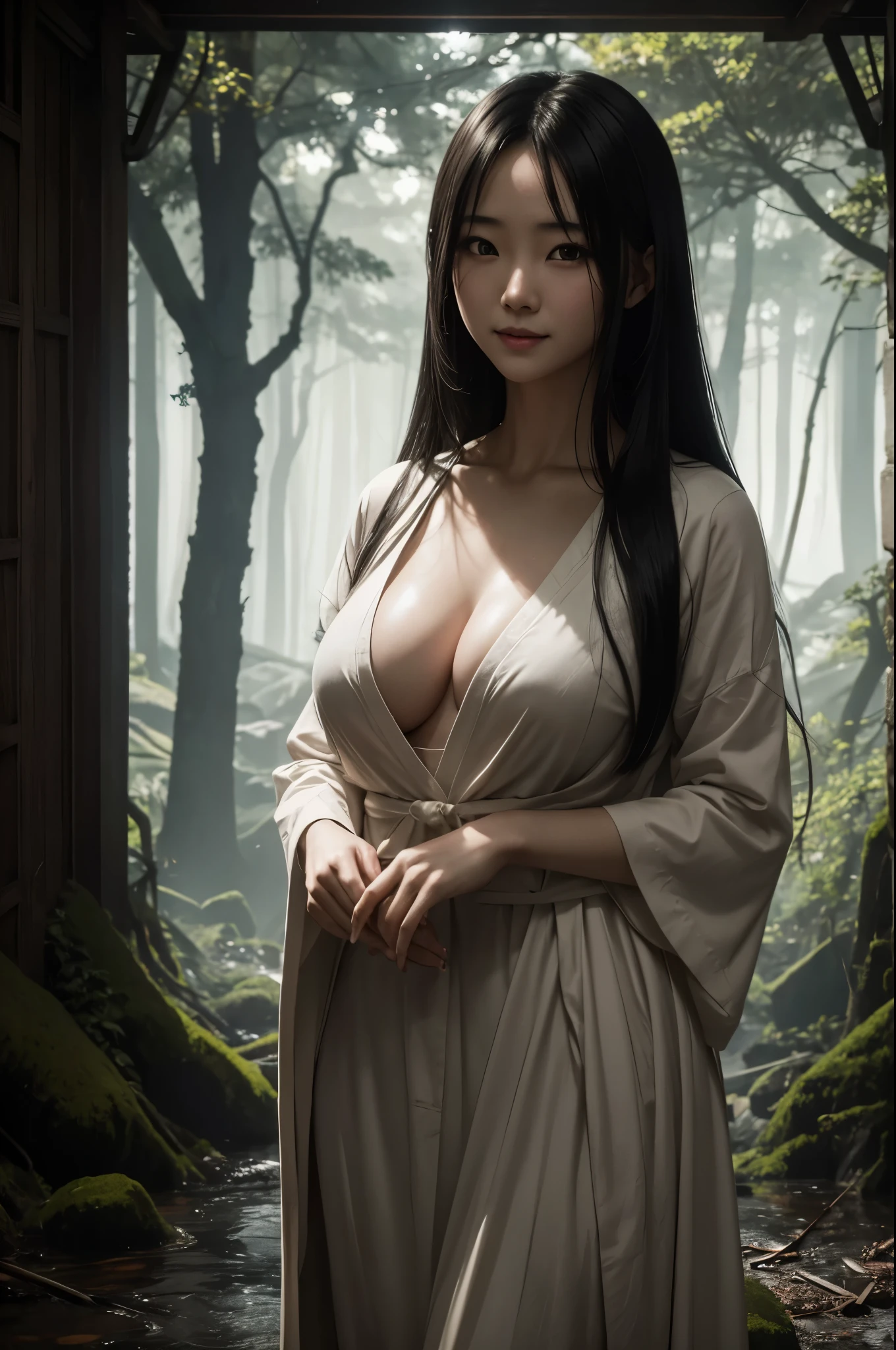8k,超A high resolution,real looking skin,Horror movie shot of 気味悪い girl with long straight black hair, Sadako,Super beauty(Like the real thing), Wearing a dirty hospital gown, ,Standing in front of a large old well in the forest,thirds rule, Tonal color scheme, Pale Brown,堵嘴, Bokeh, mystery, Horror, In the style of Denis Villeneuve, Film Still, cinestill 800,Fantasyart,character art,a smile,very large breast,A sexy,enticing,Look at viewers,enticingな,
