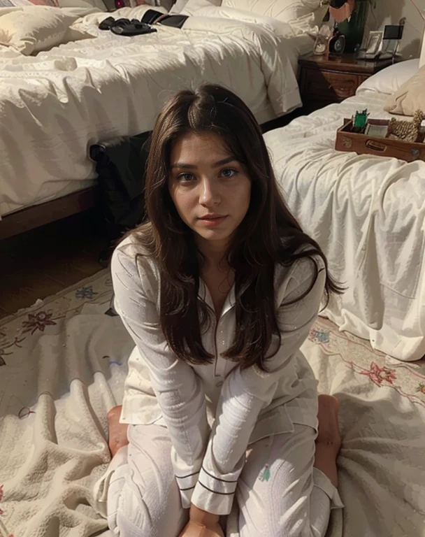 (Best quality, Ultra-detailed, Masterpiece:1.5), a photograph of a beautiful pakistani woman in her bedroom, sitting on her knees, sitting on a carpet . The woman should have a flawless, highly detailed face with soft, luminous skin. Her long hair should be naturally brown and stylishly arranged. (Perfect Eyes:1.2), double eyelids, photo-realistic:1.5), 8K UHD, looking at camera, wearing white pajamas, cute