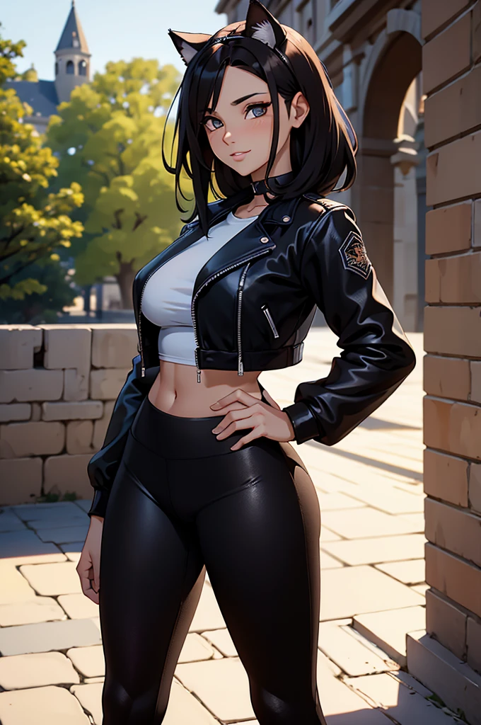 beautiful young female warrior fighter with cat ears on her head, com rosto bem detalhado e bonito, belos olhos, belos olhos, rosto lindo, beautiful young woman wearing long brown leggings with black details, usando mini saia curta, usando jaqueta de couro preta, standing in a castle, usando bota preta, cabelo comprido com franja preto, ,orelhas de gato, belo sorriso, tomboy, um pouco musculosa,suter branco com cinta em volta, olhar serio,usando jaqueta de couro preto, com ombreiras de prata nos ombros, leather jacket