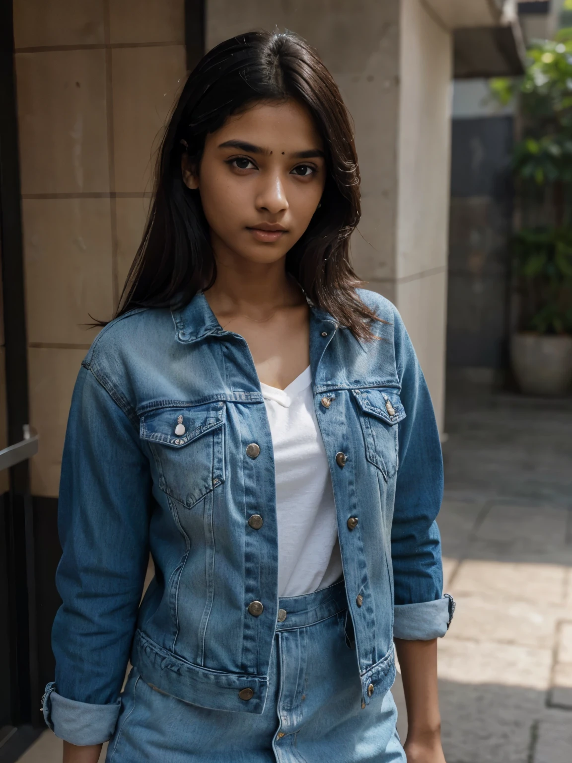 1 cute confident young indian girl wearing a denim jacket, writing in a paper, candid photo, height 160 centimetres, petite build, fair skin, average hair length of 60 centimetres, photorealistic, detailed eyes, highly detailed, 8k, Realstic, photo, masterpiece, realism, realism, photoreallistic, high contrast, detailed skin texture, ultra-detailed, realistic skin texture