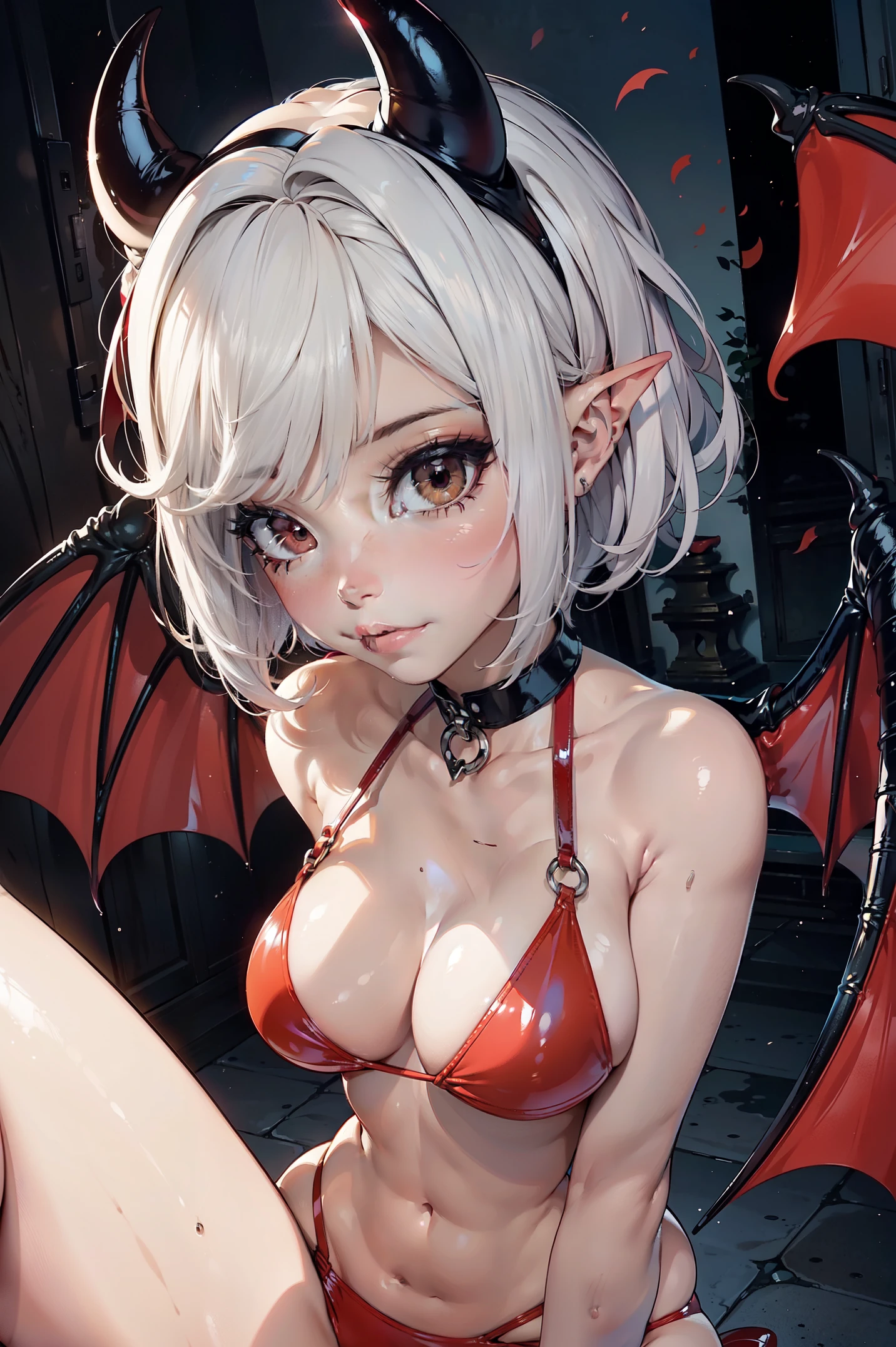 (best quality, master part:1.2), 1girl, sozinho, (nsfw), menina indefesa, (succubus: 1.2), succubus tail, cabelos pretos, short hair, Chifres, (red latex bikini: 1.2), Gargantilha, Olhos bonitos, peito de olho vermelho:1.4), (estilo cachorrinho: 1.2), Implorando, Front view, (de joelhos: 1.2) Shadows Dramatic, Wide Lens Angular Distortion