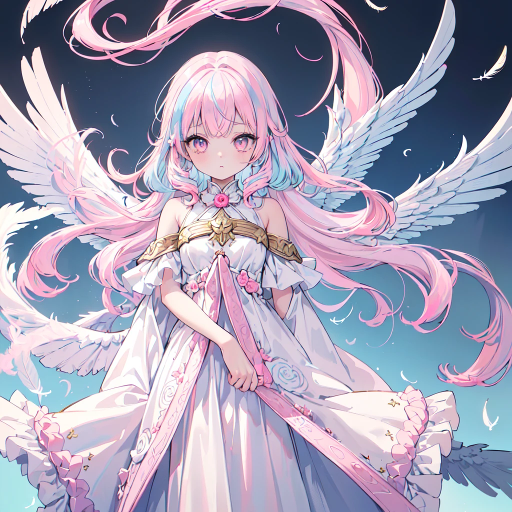 (((masterpiece, high quality))), 1girl, angel girl, (((wings))), winter grey eyes, (gold and white feathers), celestial, demonic realm background, (((twotone split hair color))), (((light blue and pink hair))), ((very long curly hair)), angelic dress